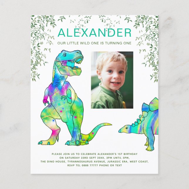 Dinosaur 1st Birthday Party Photo Budget Flyer (Front)
