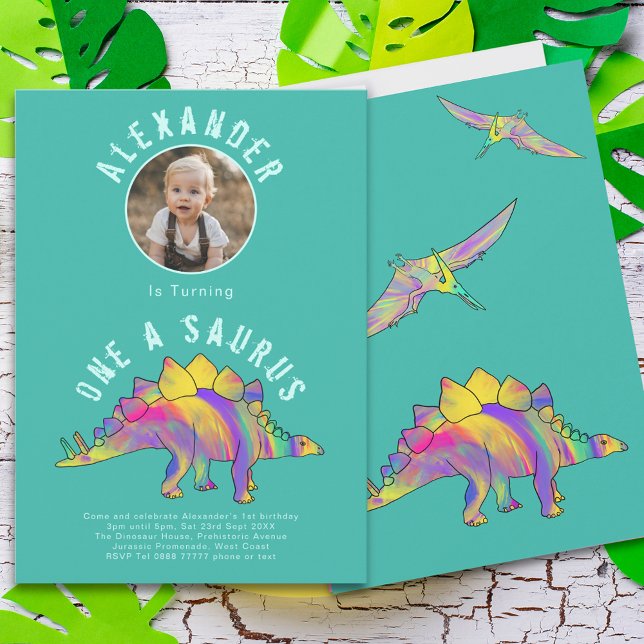 Dinosaur 1st Birthday Party Photo Invitation (Dinosaur 1st birthday one-a-saurus party invitation )