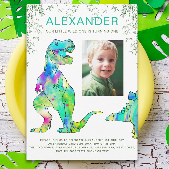 Dinosaur 1st Birthday Party Photo  Invitation (Colorful dinosaur wild one 1st birthday party invitation with photo template T-rex Stegosaurus dinos)