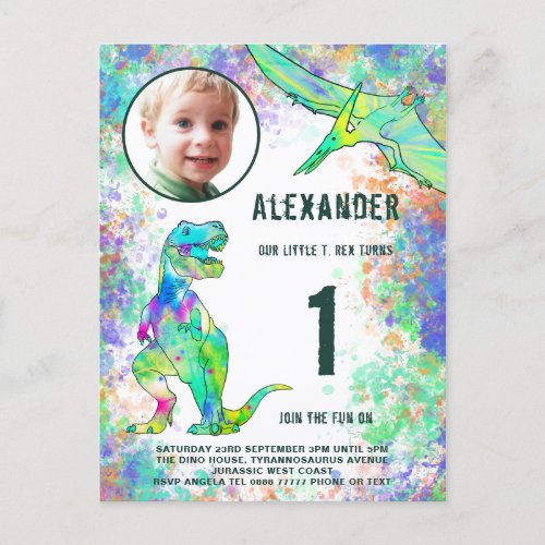 Dinosaur 1st Birthday Party Photo Invitation Postcard