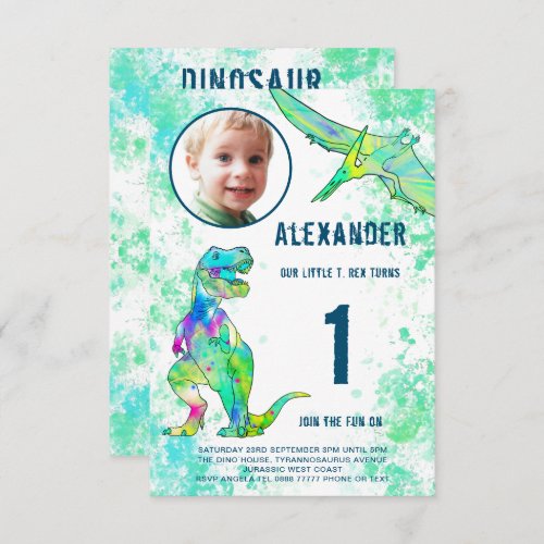 Dinosaur 1st Birthday Party Photo Watercolor Invitation