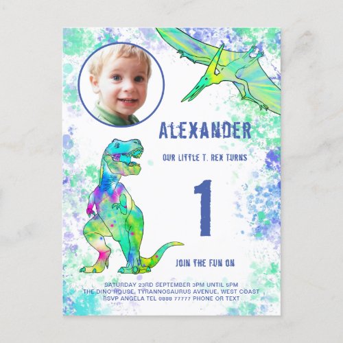 Dinosaur 1st Birthday Party Photo Watercolor  Invitation Postcard