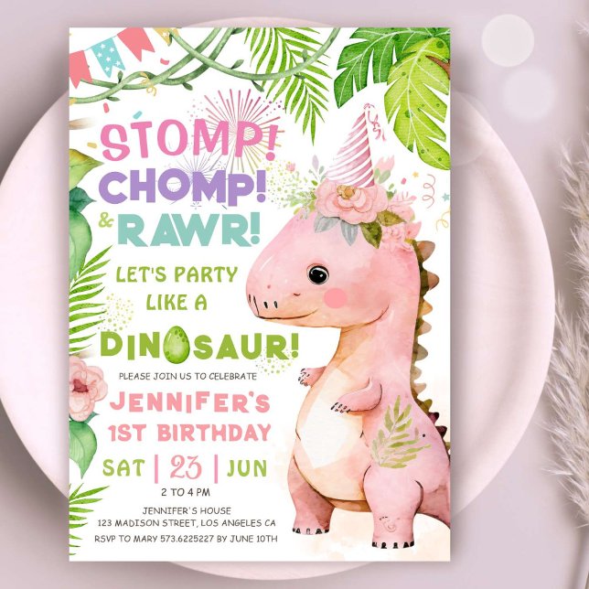 Dinosaur 1st Birthday Party Pink Dinosaur Girls  Invitation (#DinosaurBirthdayInvitation #DinosaurBirthdayInvite #GirlDinosaurBirthdayInvitation)