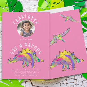 Dinosaur 1st Birthday Party Pink Invitation