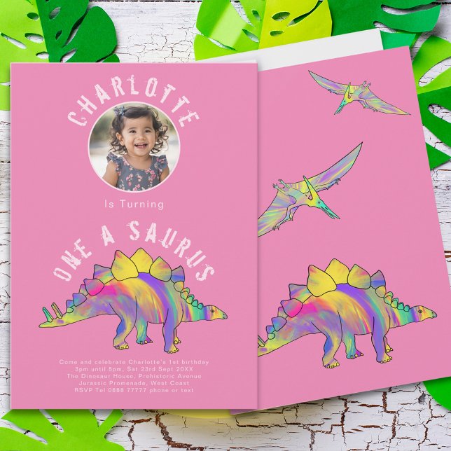 Dinosaur 1st Birthday Party Pink Invitation (Dinosaur 1st birthday party pink invitation with photo template colorful watercolor stegosaurus )