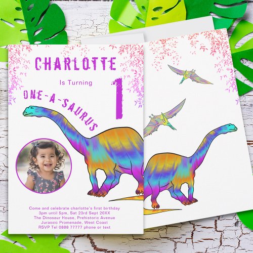 Dinosaur 1st Birthday Party Pink Photo Invitation