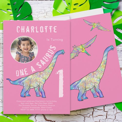 Dinosaur 1st Birthday Party Pink Photo Invitation