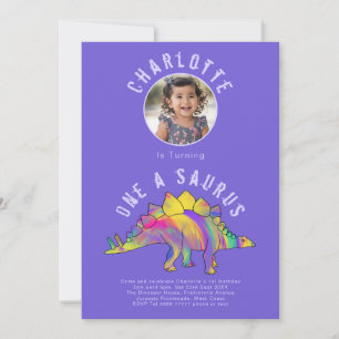 Dinosaur 1st Birthday Party Purple Invitation
