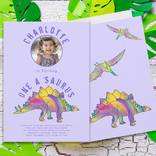 Dinosaur 1st Birthday Party Purple Invitation