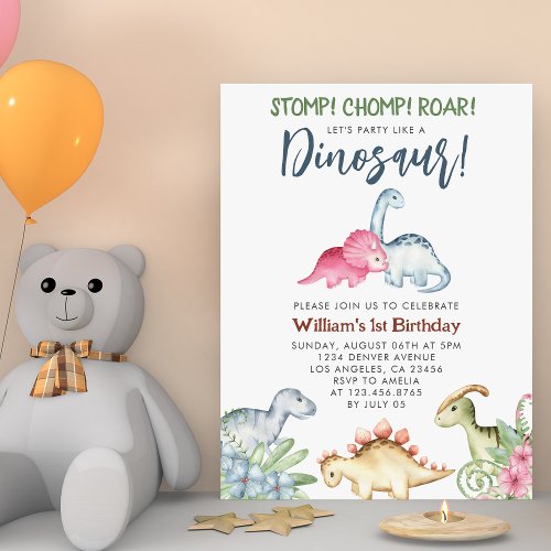 Dinosaur 1st Birthday Party Stomp Chomp Roar Boy  Invitation