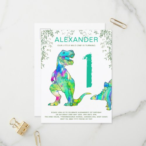 Dinosaur 1st Birthday Party wild one Budget Invitation Postcard