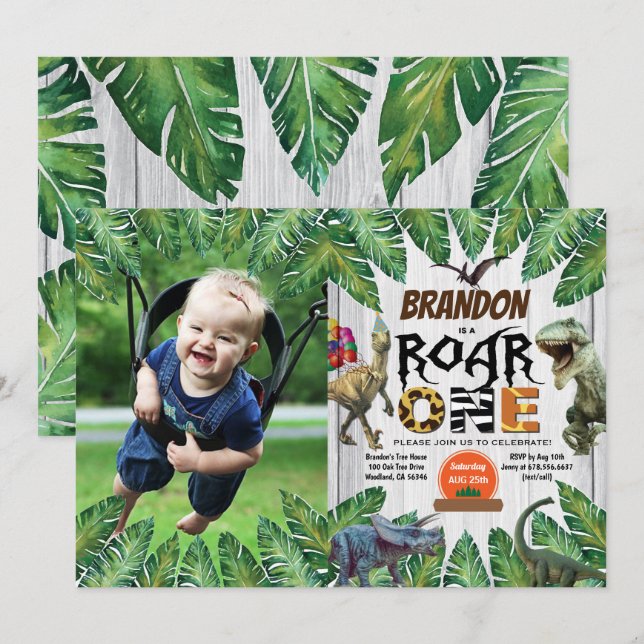 Dinosaur 1st birthday photo invitation jurassic (Front/Back)