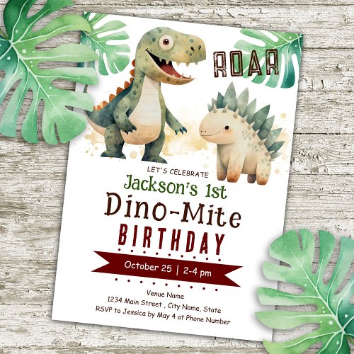 Dinosaur 1st Birthday Watercolor Invitation
