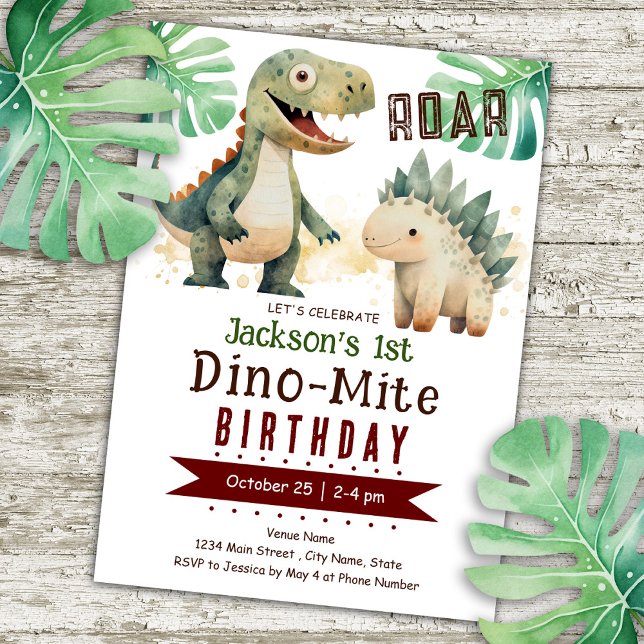 Dinosaur 1st Birthday Watercolor Invitation (Creator Uploaded)