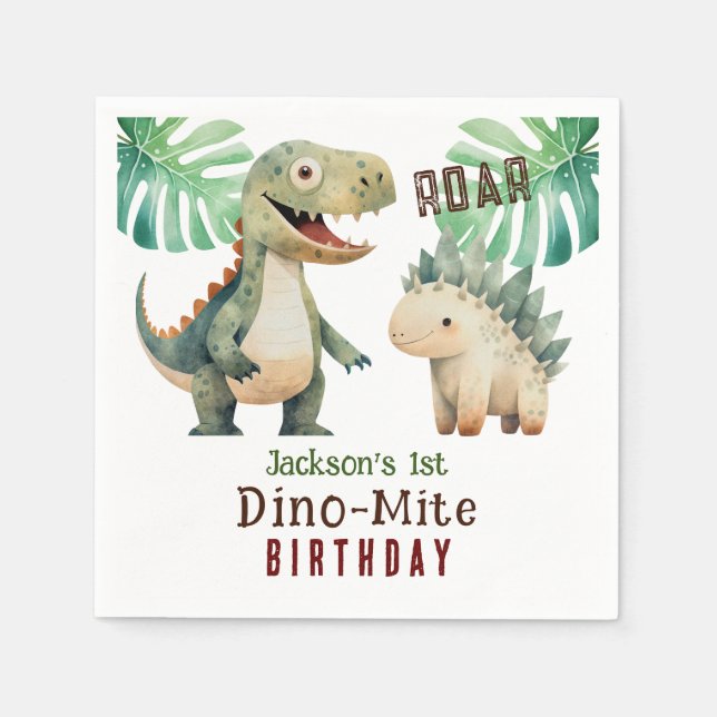 Dinosaur 1st Birthday Watercolor Paper Napkin (Front)
