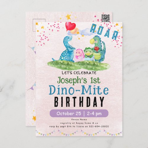 Dinosaur 1st Birthday Watercolor Postcard