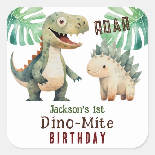 Dinosaur 1st Birthday Watercolor  Square Sticker
