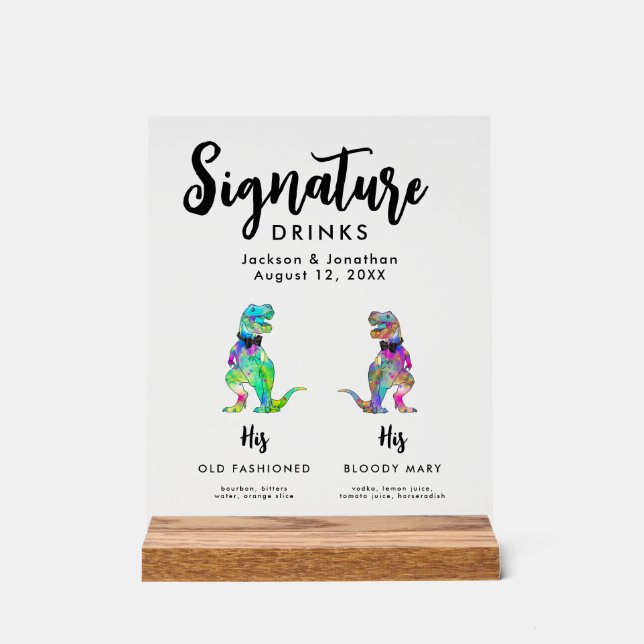 Dinosaur 2 Grooms Gay Wedding Signature Drinks Acrylic Sign (Front)
