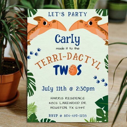 Dinosaur 2nd Birthday Funny Green Pterodactyl  Invitation