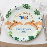 Dinosaur 2nd Birthday Funny Green Pterodactyl  Paper Plates<br><div class="desc">Celebrate your kid's second year of life with this cool pterodactyl birthday party paper plates. This funny dinosaur table decor have green blue and orange color scheme and safari theme. Perfect for your little one's wild ride through the terrible twos. Personalize it with your event details. Unisex design for a...</div>