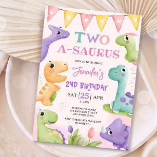 Dinosaur 2nd Birthday Girl Cute TWO A-Saurus Party Invitation