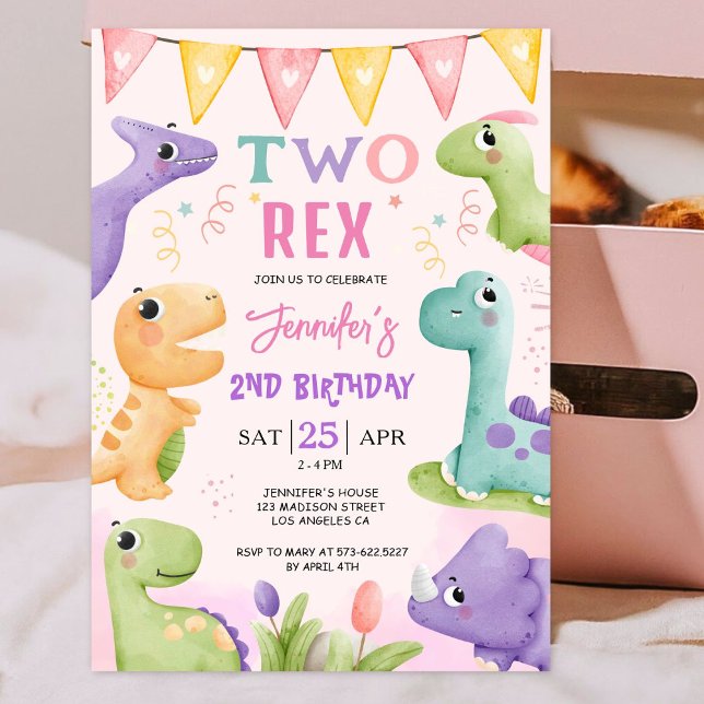 Dinosaur 2nd Birthday Girl Cute Two-Rex Birthday Invitation (Creator Uploaded)