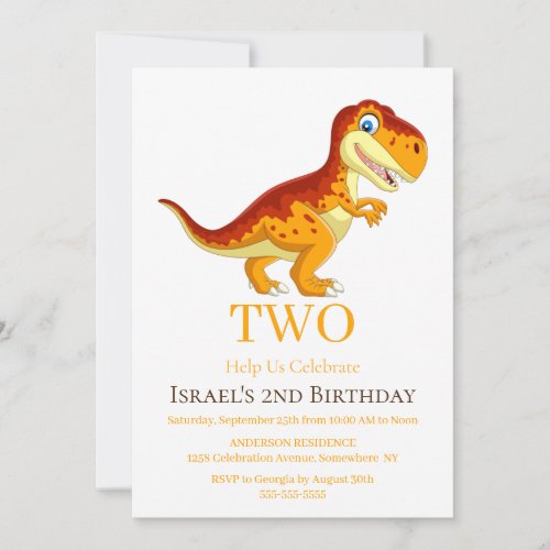 Dinosaur 2nd Birthday Gold Invitation