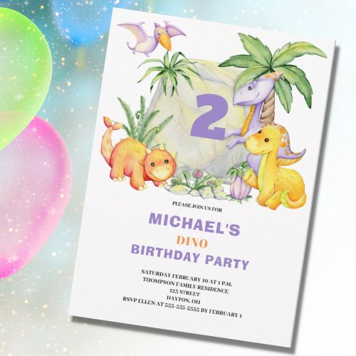 Dinosaur 2nd Birthday Invitation