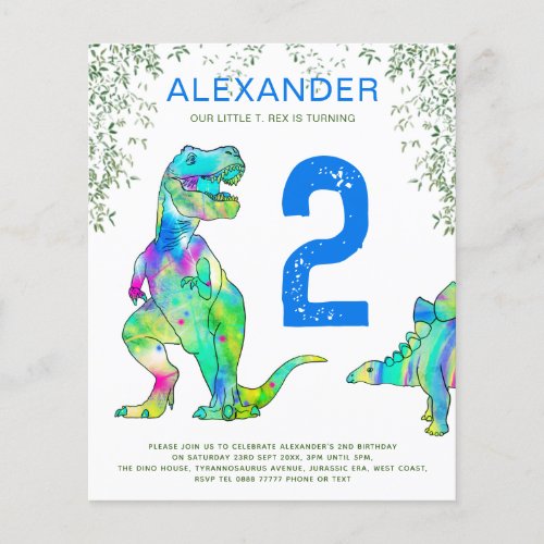Dinosaur 2nd Birthday Party budget blue Flyer