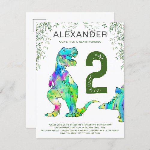 Dinosaur 2nd Birthday Party Budget green Invitation Postcard