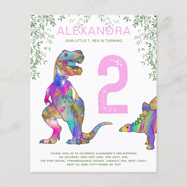 Dinosaur 2nd Birthday Party budget Invitation pink Flyer (Front)