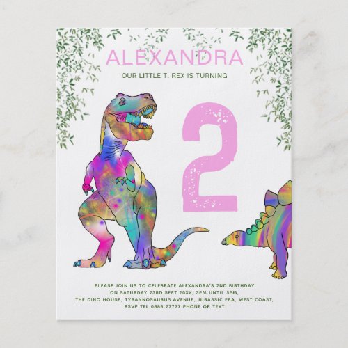 Dinosaur 2nd Birthday Party budget Invitation pink Flyer
