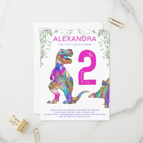 Dinosaur 2nd Birthday Party Budget pink Invitation Postcard