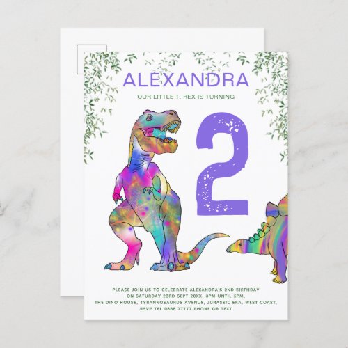 Dinosaur 2nd Birthday Party Budget purple Invitation Postcard