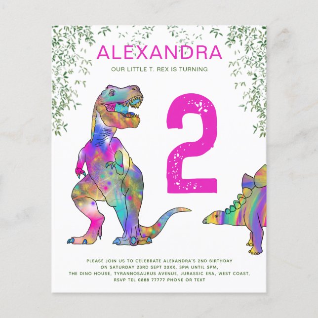 Dinosaur 2nd Birthday Party Invitation budget pink Flyer (Front)