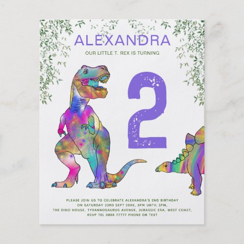 Dinosaur 2nd Birthday Party Invites budget purple Flyer