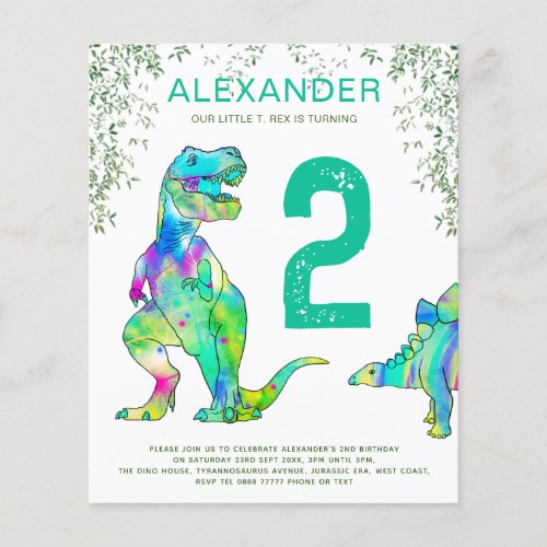 Dinosaur 2nd Birthday Party jungle budget teal Flyer