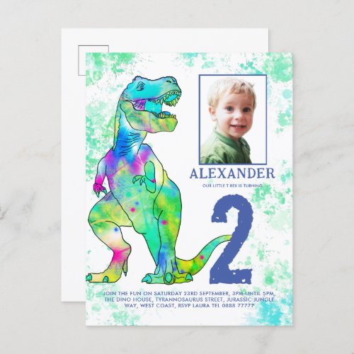 Dinosaur 2nd Birthday Party Photo Invitation Postcard