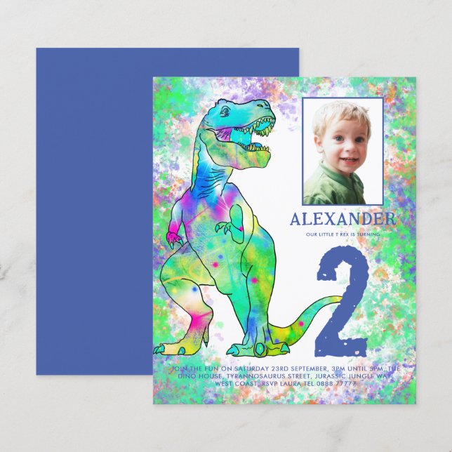 Dinosaur 2nd Birthday Party Photo Watercolor (Front/Back)