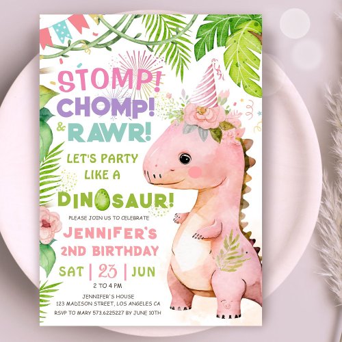 Dinosaur 2nd Birthday Party Pink Dinosaur Girls  Invitation