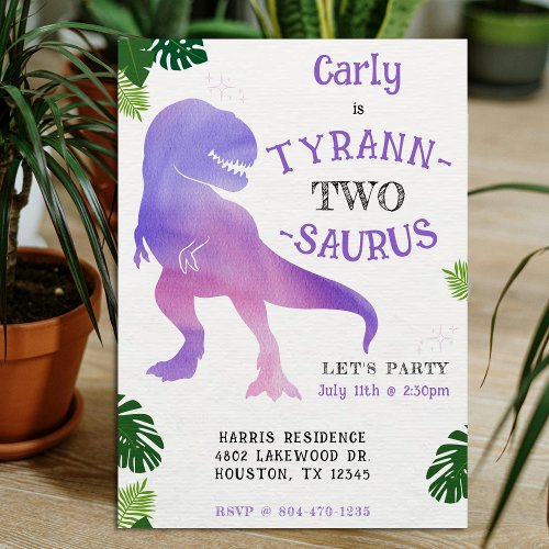 Dinosaur 2nd Birthday Purple Tyrannosaurus Rex Invitation