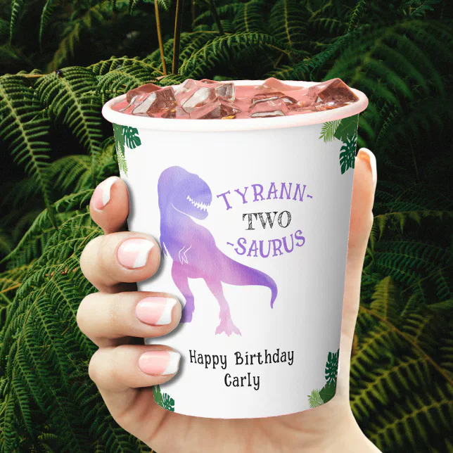 Dinosaur 2nd Birthday Purple Tyrannosaurus Rex Paper Cups | Zazzle