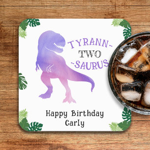 Dinosaur 2nd Birthday Purple Tyrannosaurus Rex Square Paper Coaster