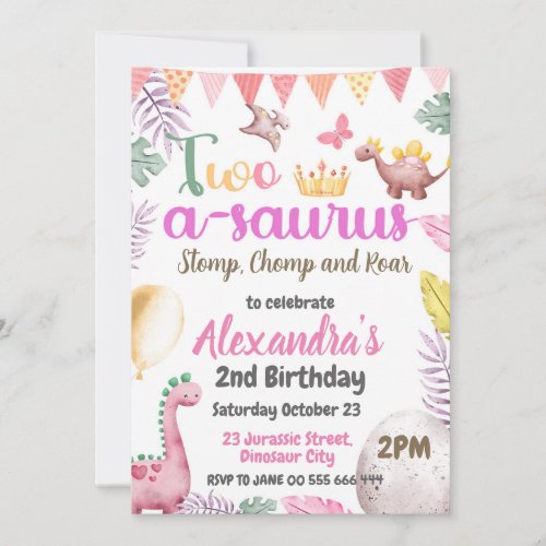 Dinosaur 2nd Birthday Two_A_Saurus Girl Party Invitation