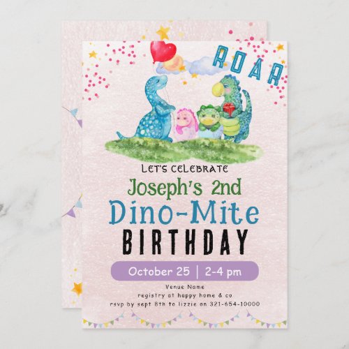 Dinosaur 2nd Birthday Watercolor Invitation