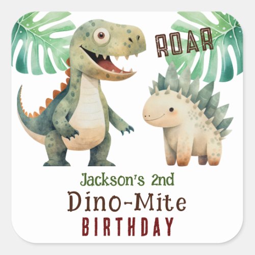 Dinosaur 2nd Birthday Watercolor  Square Sticker