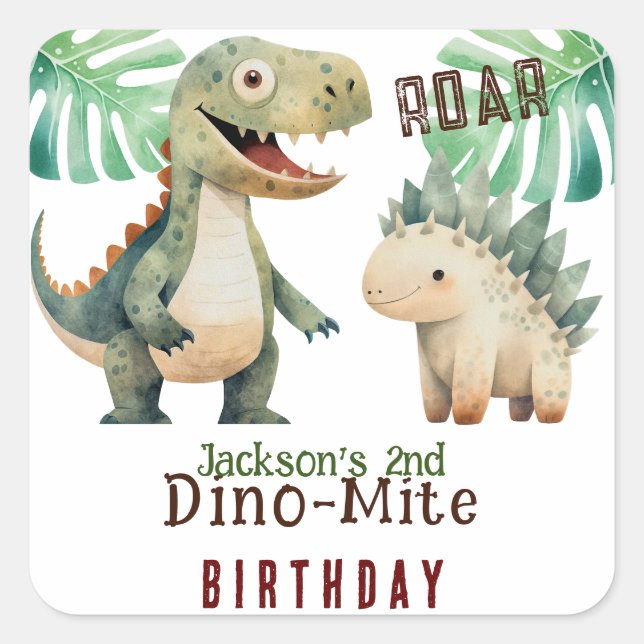 Dinosaur 2nd Birthday Watercolor  Square Sticker (Front)