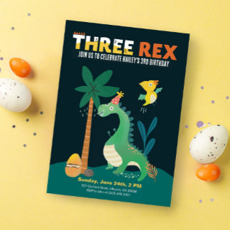 Dinosaur 3-Rex Kids Third Birthday Party Invites