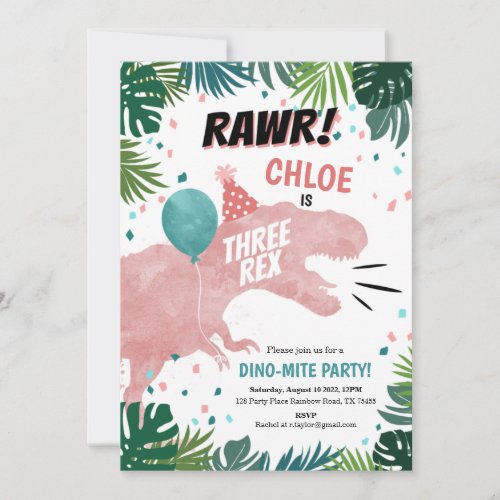 Dinosaur 3rd Birthday Girl Party Invitation