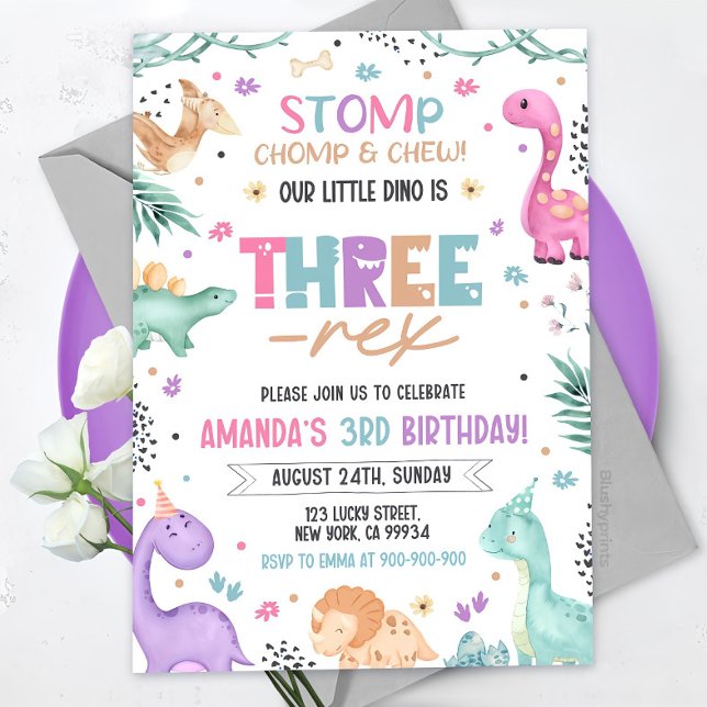 Dinosaur 3rd Birthday Invitation Girl Dinosaur 3 (Creator Uploaded)